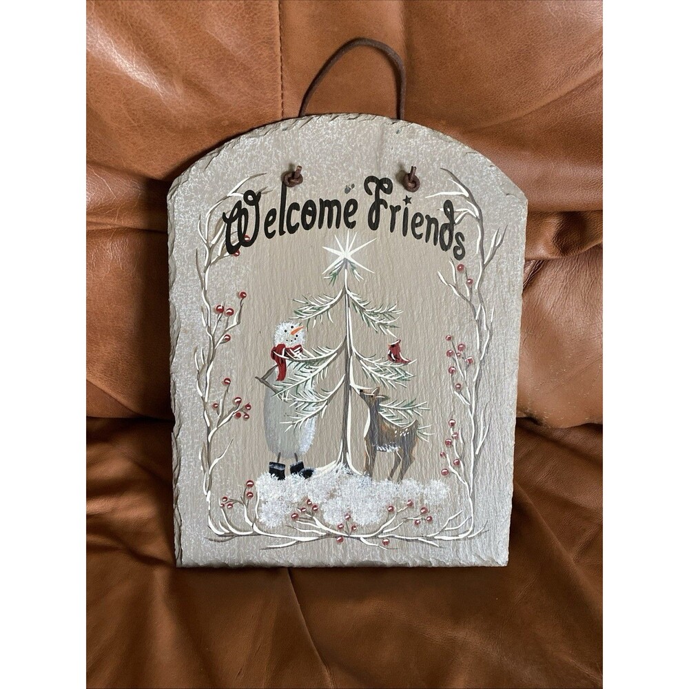 Hand Painted Slate Welcome Friends Sign Snowman Deer Winter Christmas Decor